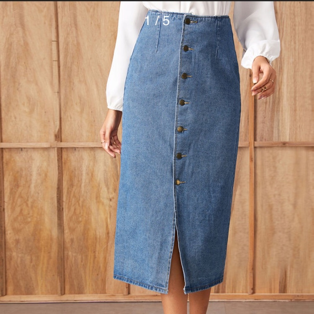 SHEIN  Slit Front Button Up Denim Skirt small - Picture 2 of 6